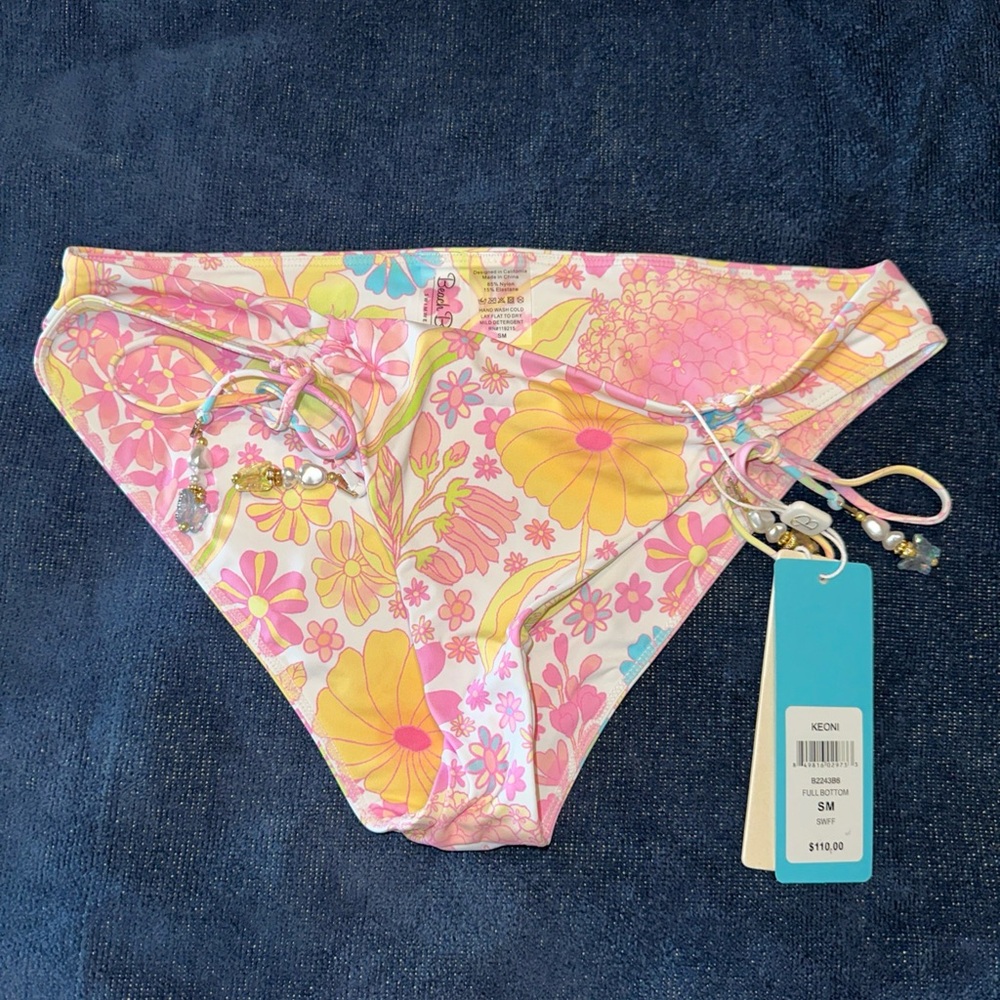 Beach Bunny Keoni Full  Bikini Bottom with Beaded Ties Size Small NWT